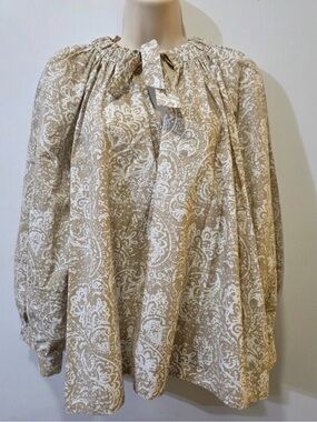 Beige and White Paisley Peasant Blouse - Cottagecore, boho